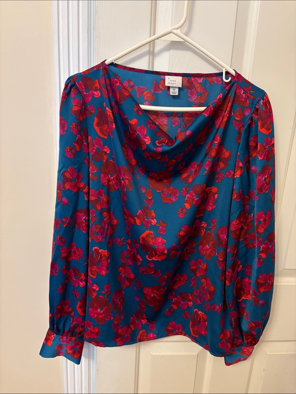 A New Day Teal Floral Cowl Neck Blouse with Pink & Red Blooms
